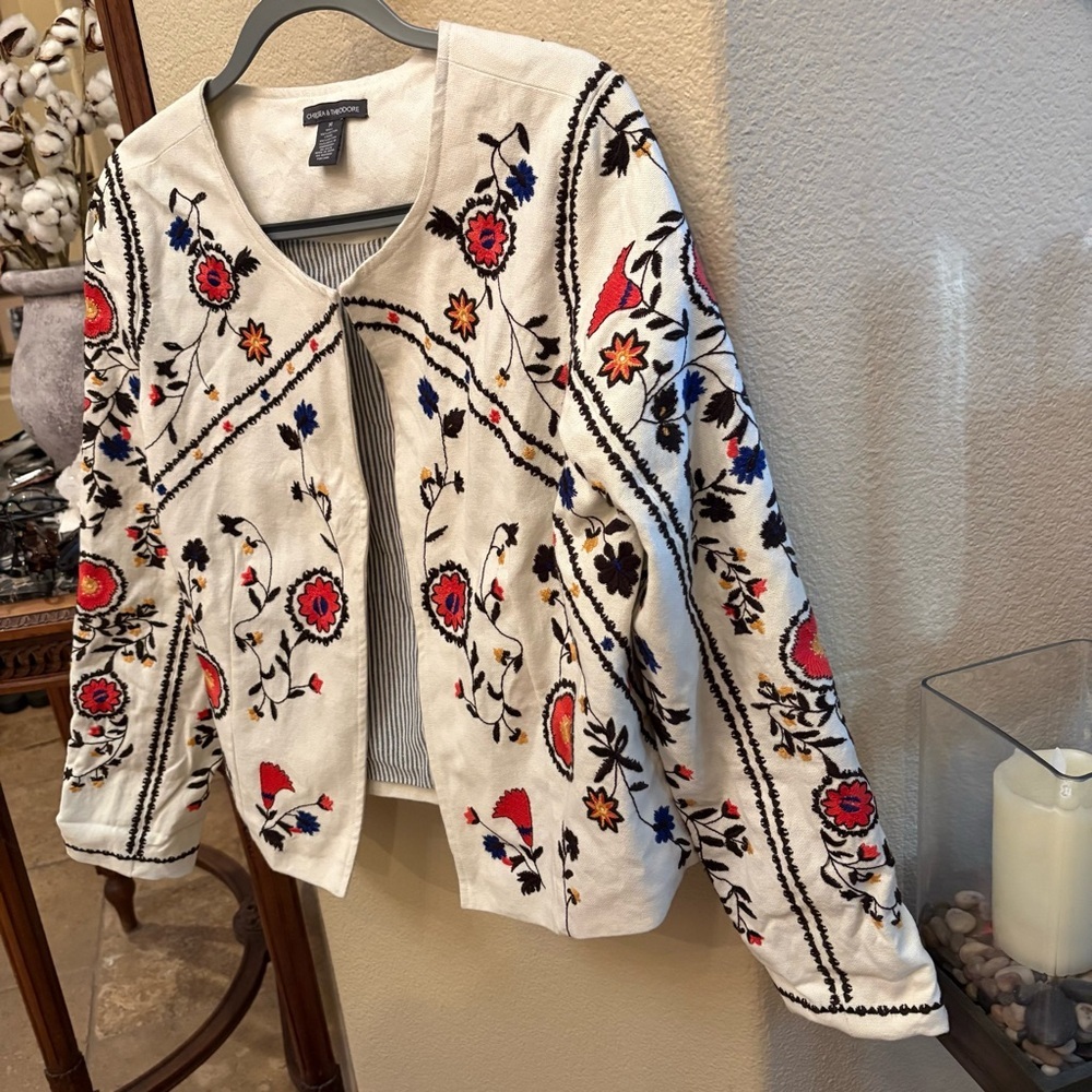 CHELSEA & THEODORE Women White Floral Embroidered Open Boho Jacket Size Medium - Picture 2 of 8